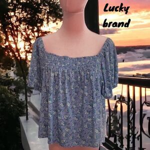 LUCKY BRAND NWT OFF THE SHOULDER TOP BLOUSE SHORT BALLOON SLEEVES FLORAL PRINT